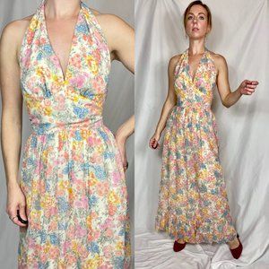 SIZE S | Vintage 1970's Floral Halter Maxi Dress | Saba California | F6
